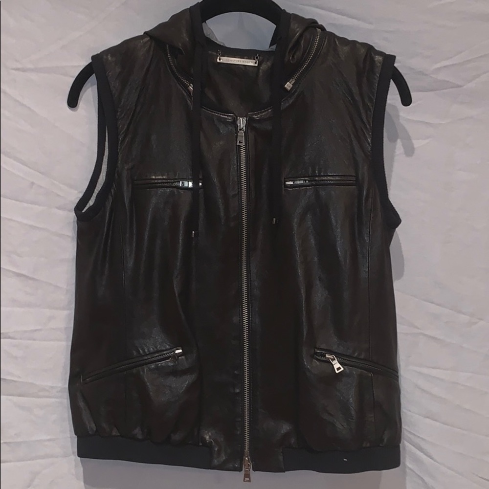Diane Von Furstenberg black leather zip up vest.